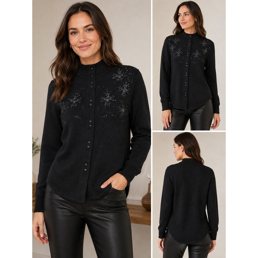 Lady M Black Beaded Knit Cardigan Sweater Mock Neck Button Front Vintage Style